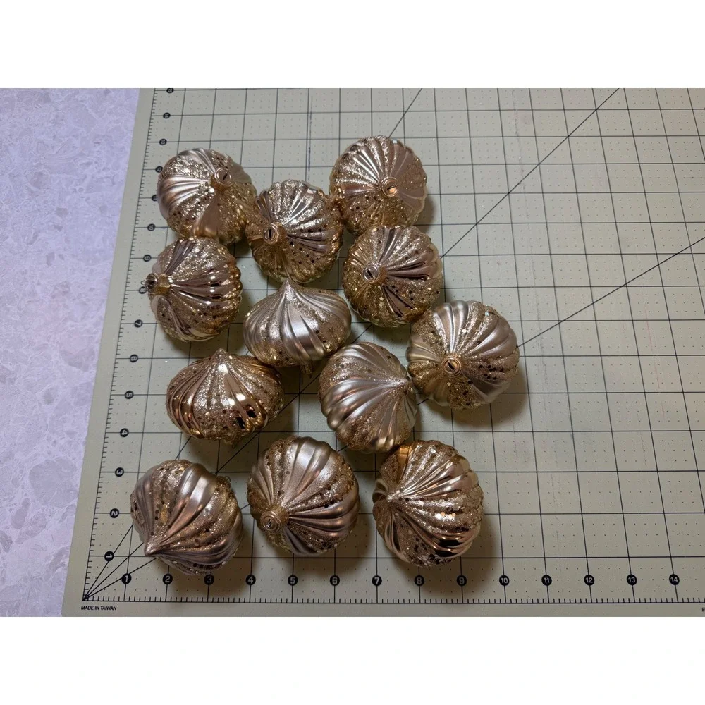 Set of 12 shatterproof Gold Glitter Ribbed Onion Christmas Ornaments